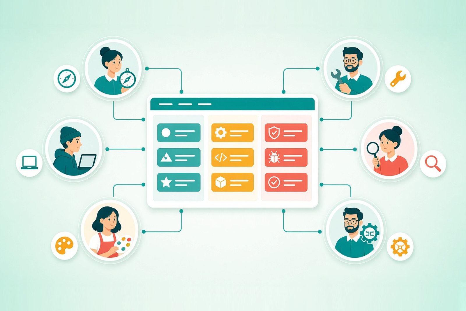 Agile team roles connected to one shared backlog board: product direction, tech lead, developers, QA, design, and DevOps