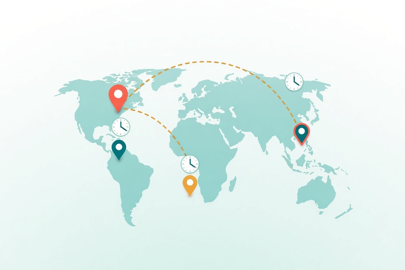 World map comparing onshore, nearshore, and offshore team locations by distance and time-zone difference from the client