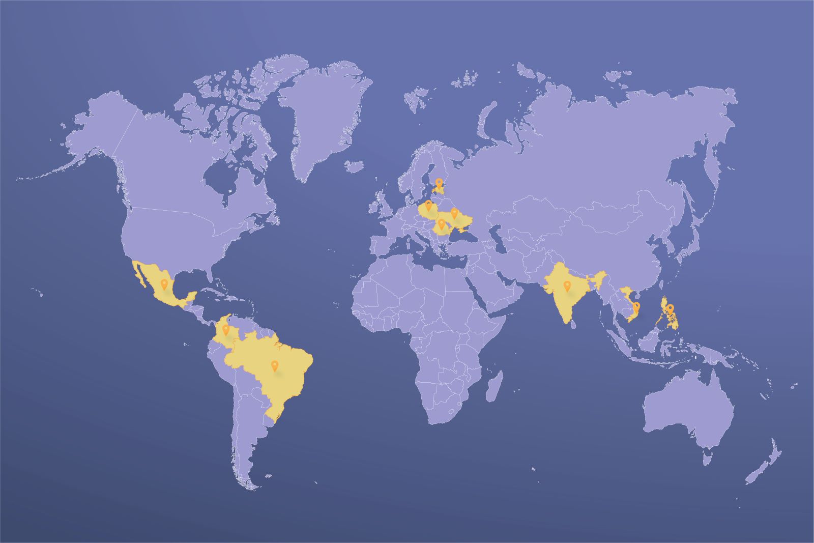 The world map with key locations for hiring nearshore dedicated team