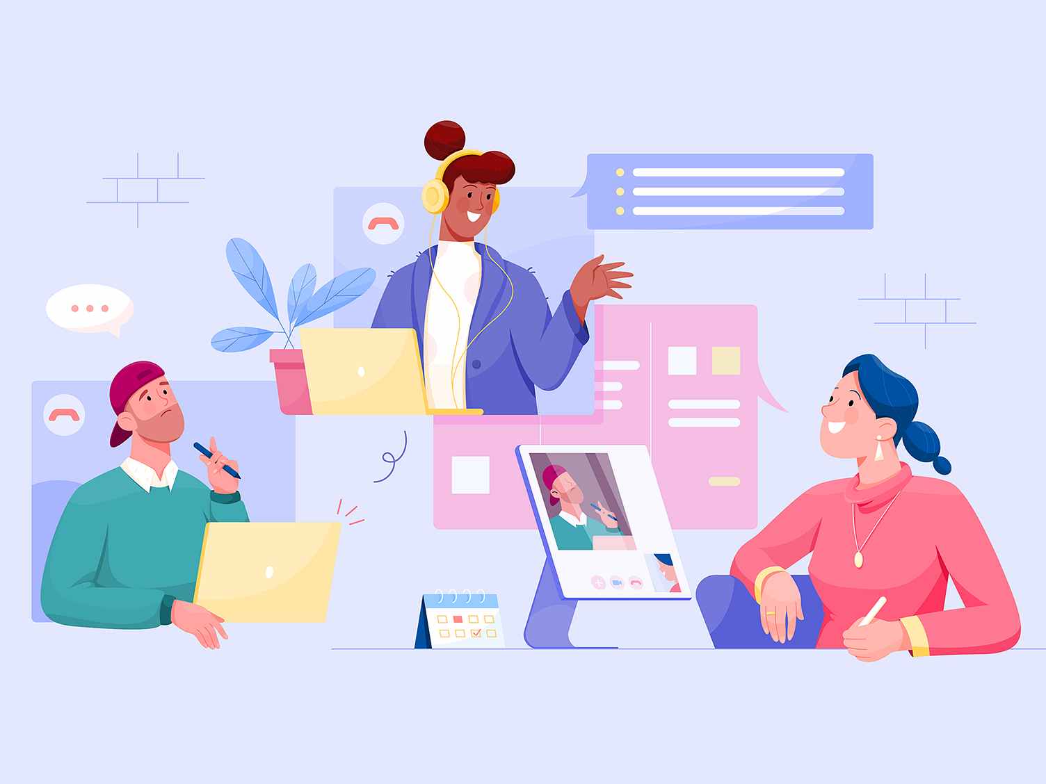Three people communicating via digital means and working together on the project