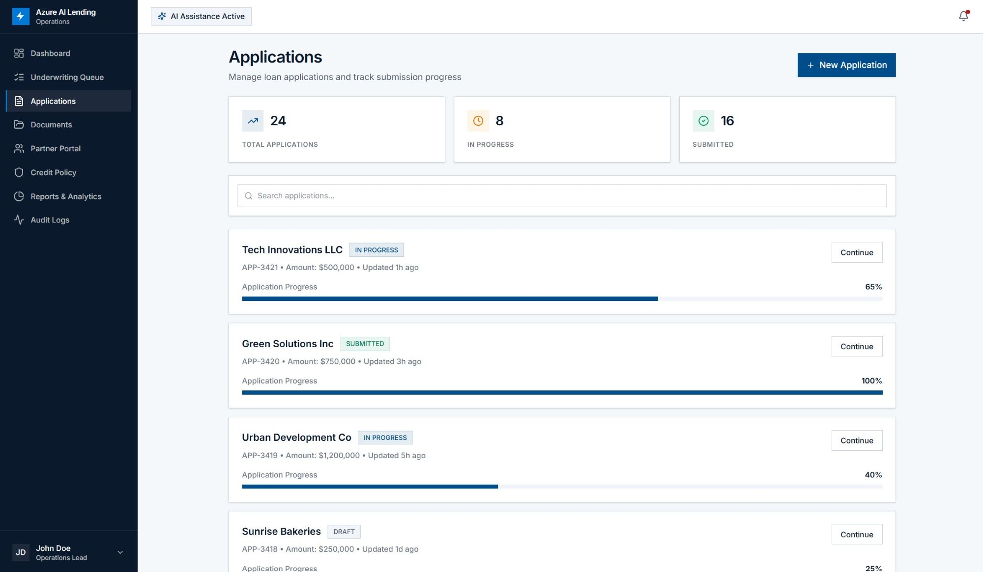 Borrower loan application workspace with steps, fields, and progress