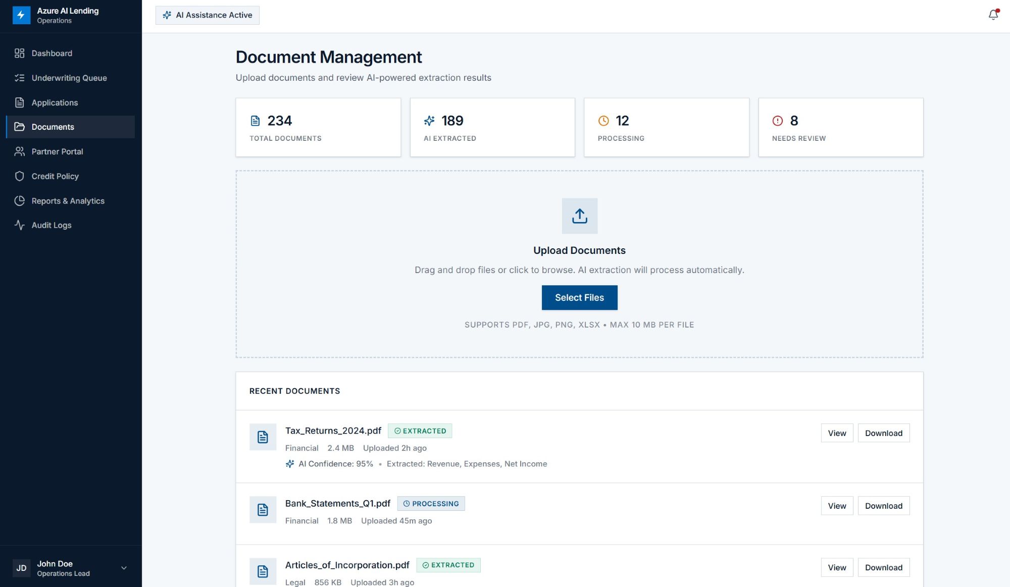 Document intake workspace with upload checklist, file list, and extraction preview