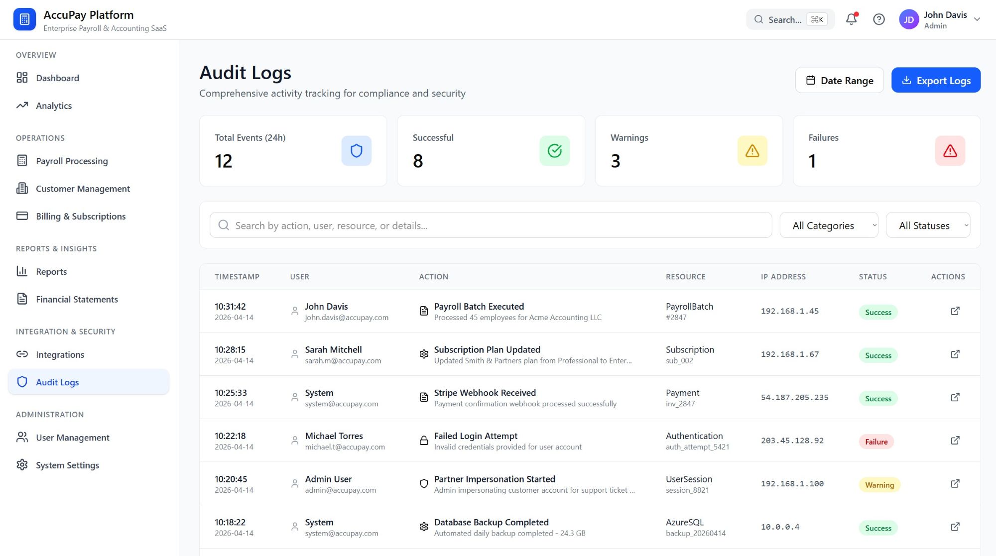 Audit logs UI with filterable event list, actor, entity, and timestamp columns