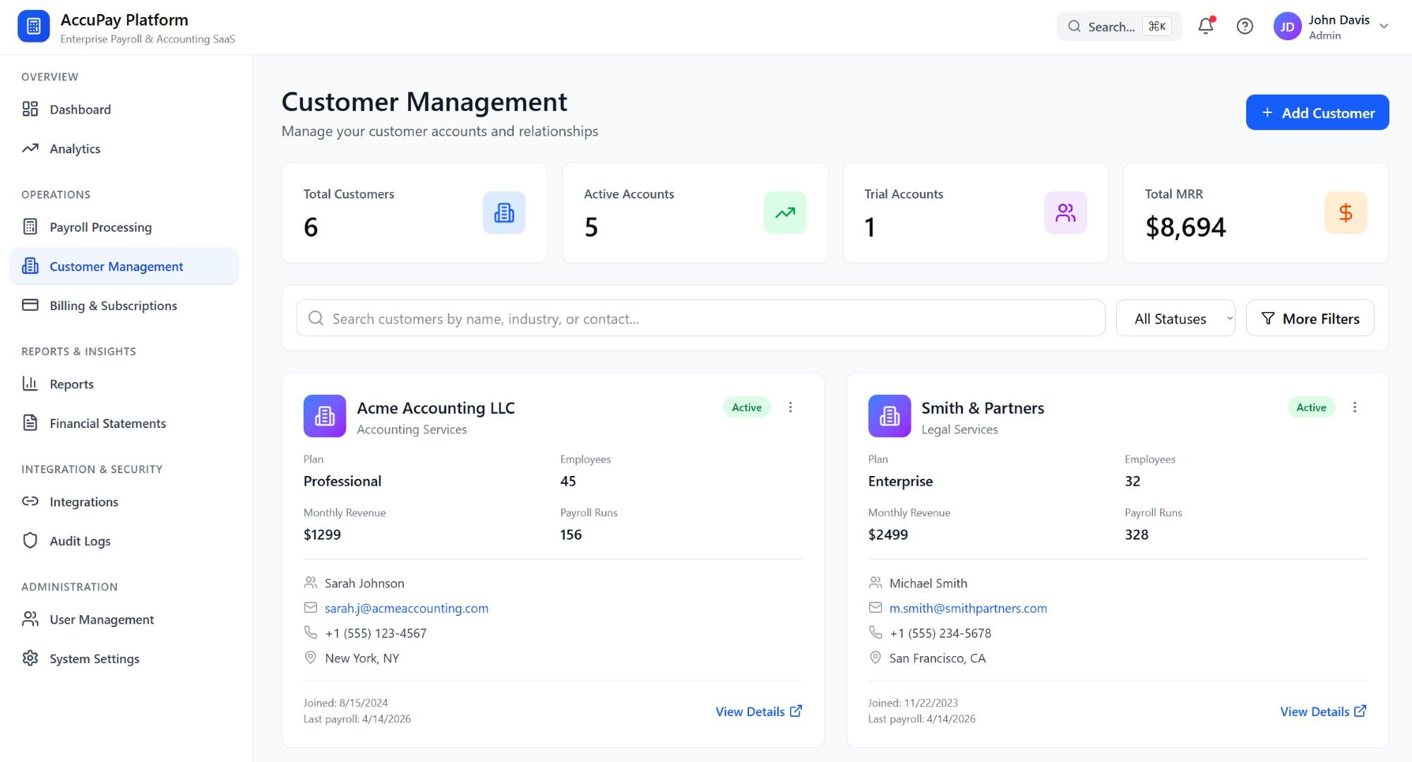 Customer management UI listing organizations with search, status, and subscription context
