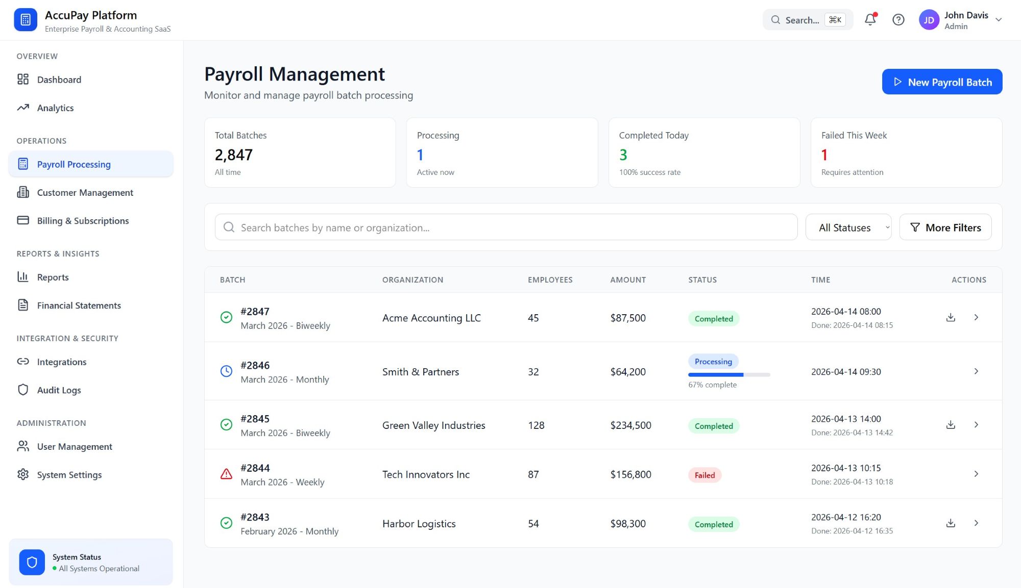 Payroll management web UI with pay run list, status filters, and period summary