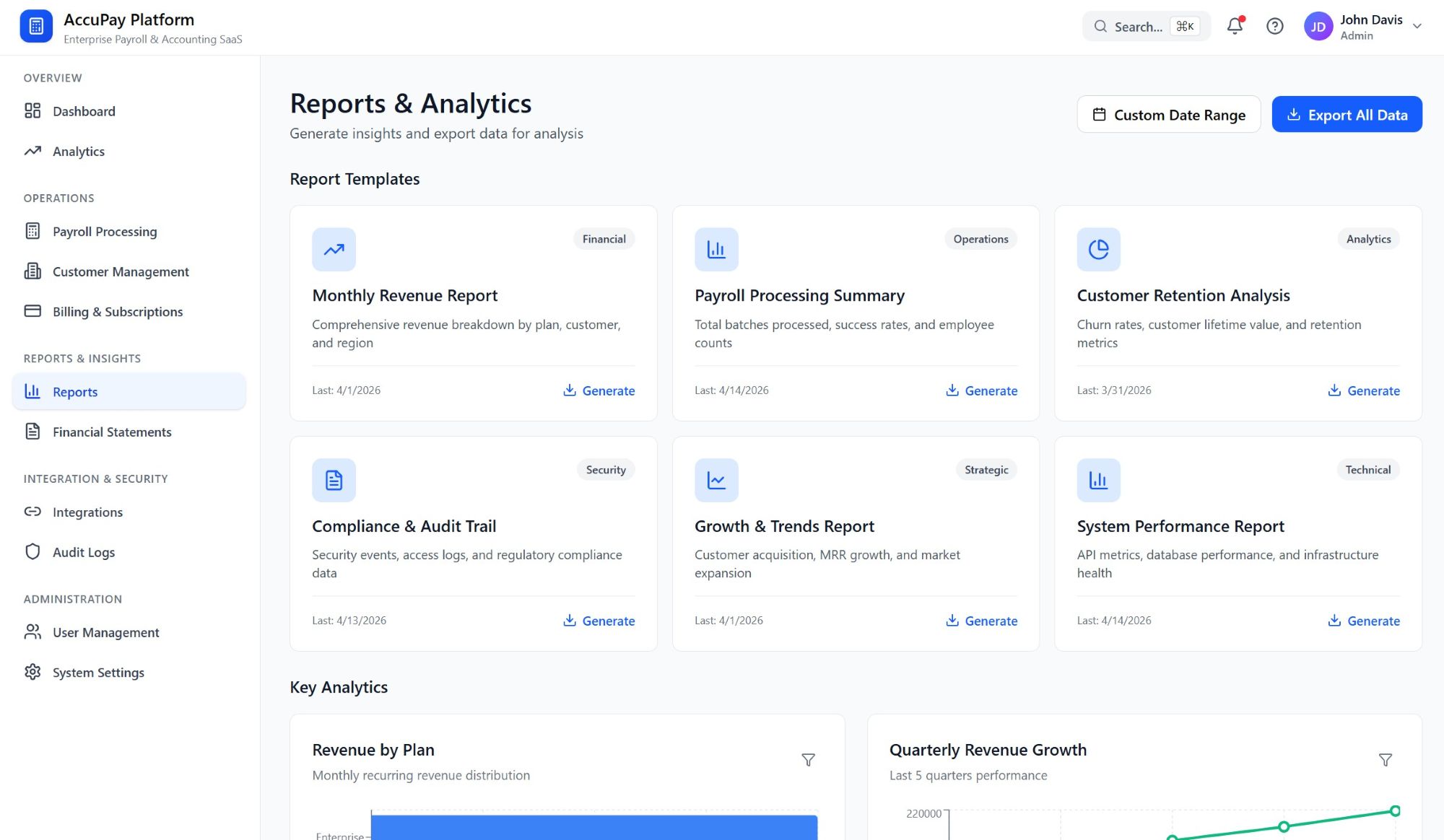 Reports UI with saved report definitions, parameters, and export actions