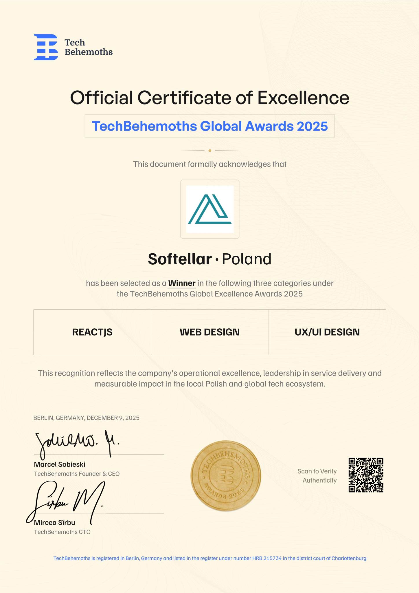 TechBehemoths 2025 award certificate for Softellar UI/UX Design excellence